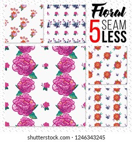Seamless pattern set of embroidery flowers. Patch floral elements, decorative backgrounds. Digital watercolor technique. 
