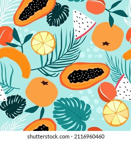 Seamless pattern with a set of exotic tropical fruits and leaves. Summer print with melon, papaya, peach, citrus. Vector graphics.