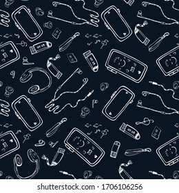 Patrón sin inconvenientes de un conjunto de dispositivos de moda para escuchar música y libros electrónicos: smartphone, auriculares, flash drives, tarjetas SIM. Gráfico vectorial en estilo doodle. ...
