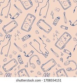 Nahtloses Muster aus einer Reihe modischer Geräte zum Hören von Musik und elektronischen Büchern: Smartphone, Kopfhörer, Flash-Laufwerke, SIM-Karten. Vektorillustration-Grafik im Doodle-Stil. .