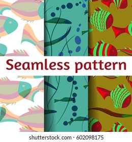 Seamless pattern set with fish. Abstract vector illustration. Color image of repeating and alternating constituent elements. Decorative ornament
