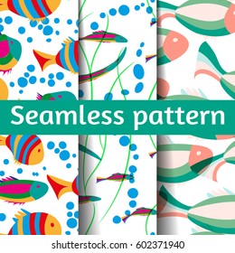 Seamless pattern set with fish. Abstract vector illustration. Color image of repeating and alternating constituent elements. Decorative ornament