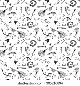 Seamless pattern set of fishing gear. Drawing by hand. A vector image.Blank for printing on fabric, wrapping paper.