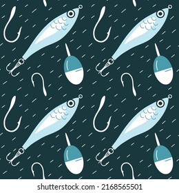 Seamless pattern with a set of fishing tackle. A trap and a float with a hook on the background of the water surface. Texture for the design of textiles, packaging with the theme of fishing.