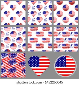 Seamless pattern set. Flag of the USA. American background. Independence day.  Vector illustration. 