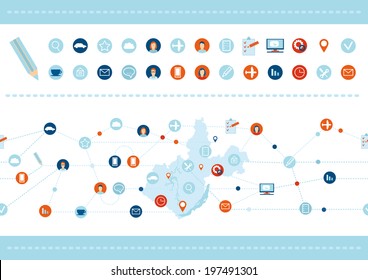Seamless pattern and Set of flat design icons for Business, SEO and Social media marketing. Isolated on white background. Vector