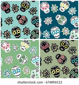 Seamless pattern set with floral sugar skulls and flowers for textile, paper and other designs