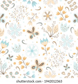 Seamless pattern set of flowers, butterflies, petals, bed tones