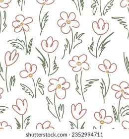 Seamless pattern Set Flowers Children's freehand drawing. Field, meadow, garden, different bright flowers, grass on a white background. Drawing in children's doodle style.
