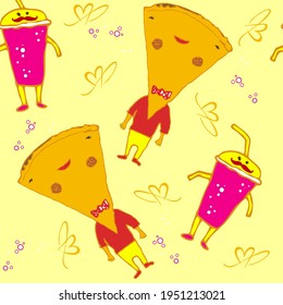juego de patrones sin costura de comida personaje pizza graciosa, bebida dulce