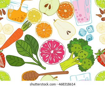 Seamless pattern with set of fresh hand drawn fruits and vegetables and products. Eco healthy food.