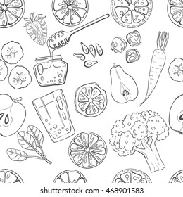 Seamless pattern with set of fresh hand drawn fruits and vegetables and products. Eco healthy food.