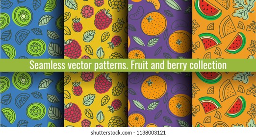 Seamless pattern set. Fruit and berry collection. Kiwi, raspberry, mandarin, tangerine, watermelon. Hand drawn color vector sketch background. Colorful doodle wallpaper. Summer print 