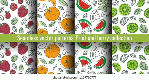 Seamless pattern set. Fruit and berry collection. Kiwi, raspberry, mandarin, tangerine, watermelon. Hand drawn color vector sketch background. Colorful doodle wallpaper. Summer print 