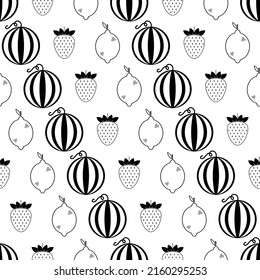 Patrón sin foco con frutos cortados. Icono negro plano bayas sobre fondo blanco. Juego de frutos de iconos lineales. Diseño moderno para impresión en tela, papel envolvente, papel pintado, embalaje. Ilustración del vector