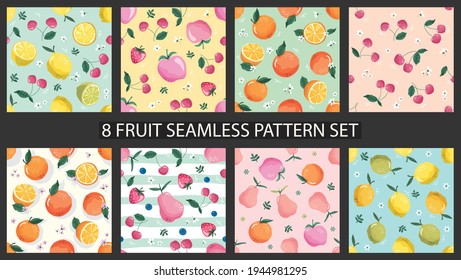 Seamless pattern set with fruits and blossom. Sweet summer background collection for textile, fabric, decorative paper. Vector illustration