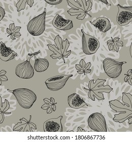 seamless pattern of a set of fruits figs with leaves, for decoration, ornament, textures, vector illustration with black ink contour lines on a grey background in a hand drawn & doodle style