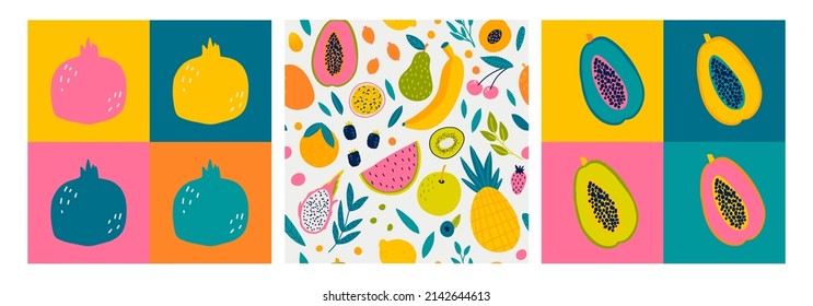 Seamless pattern set with fruits. Vector Hand drawn background for design and card, covers, package, wrapping paper.  