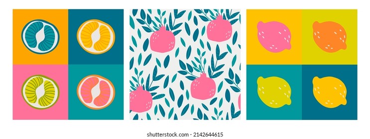 Seamless pattern set with fruits. Vector Hand drawn background for design and card, covers, package, wrapping paper.  