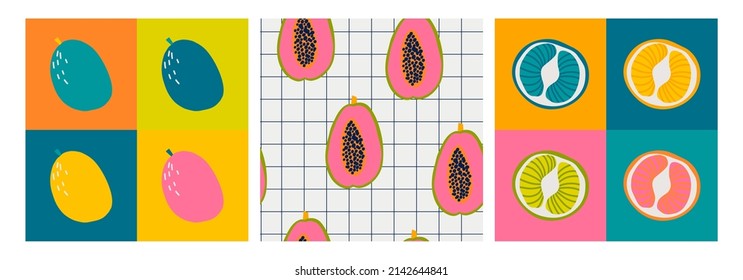 Seamless pattern set with fruits. Vector Hand drawn background for design and card, covers, package, wrapping paper.  