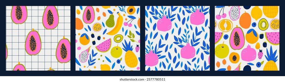 Seamless pattern set with fruits. Vector Hand drawn background for design and card, covers, package, wrapping paper.  