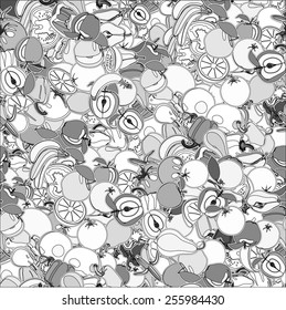 Seamless pattern with set of fruits and vegetation. Seamless texture. Doodle, cartoon drawing. Vector illustration
