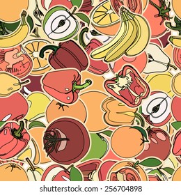 Seamless pattern with set of fruits and vegetation. Seamless texture. Doodle, cartoon drawing. Vector illustration