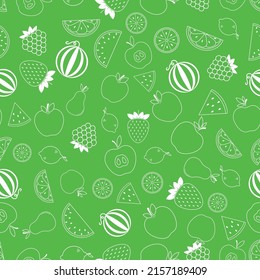 Seamless pattern with set fruits. White flat icon berries on color background. Linear icon fruit set. Modern design for print on fabric, wrapping paper, wallpaper, packaging. Vector illustration