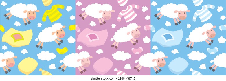 Seamless pattern set with funny flying sheeps