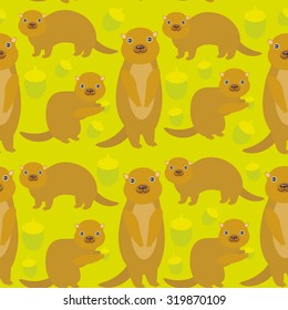 Seamless pattern Set of funny Marmot Gopher ground squirrel with acorn on green background. Vector