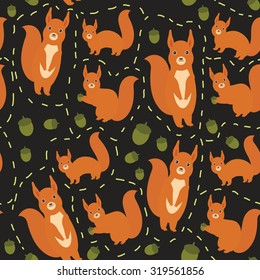 Seamless pattern Set of funny red squirrels with fluffy tail with acorn on black background. Vector