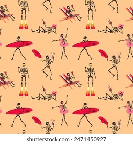 Seamless pattern with Set of Funny Skeletons on vacation on the beach. Cute character Skeleton Bones