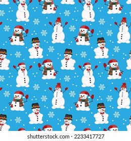 Seamless pattern. A set of funny snowmen on a blue background. Merry Christmas and Happy new year 2023. Vector illustration