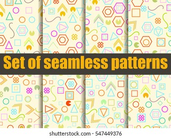 Seamless pattern set with geometric figures in the Memphis style. Vector illustration