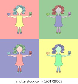 Seamless pattern, set. Girls hold a skull and heart, vector illustration