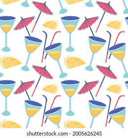 Patrón sin inconvenientes de un conjunto de vasos con tubos de cóctel y paraguas. Patrón de bebidas de fiesta de verano en estilo gráfico plano