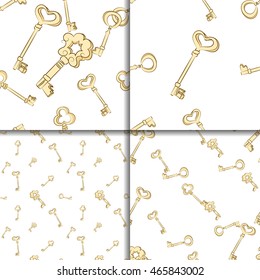 Seamless pattern set. Gold vintage keys on white background.