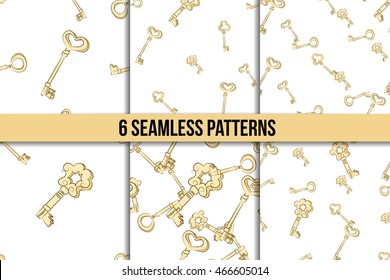Seamless pattern set. Gold vintage keys. Digital Paper