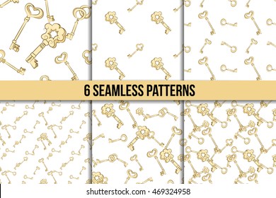 Seamless pattern set. Gold vintage keys. Six backgrounds
