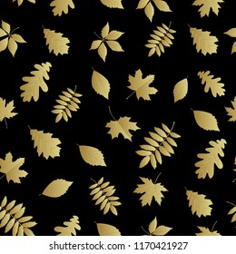 Seamless pattern with set golden silhouette  leaves. Universal vector illustration with fall foliage on black background