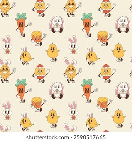 Seamless pattern with set of Groovy Cute Easter Characters