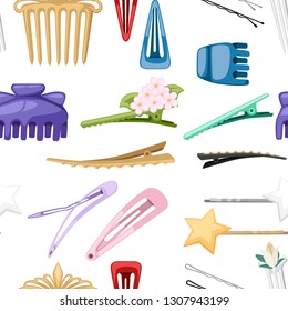 Seamless pattern. Set of hair accessory. Hairpins and hair-clip for female salon concept. Flat vector illustration on white background.