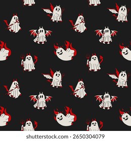Padrão perfeito com o conjunto de Halloween Devil Ghosts com Trident e divertido Design