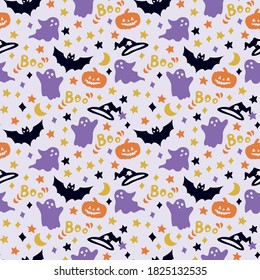 Seamless pattern with a set of Halloween-themed silhouettes.