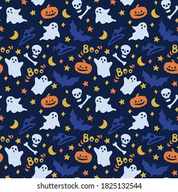 Seamless pattern with a set of Halloween-themed silhouettes on a dark background.