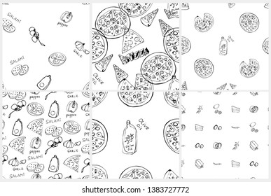 Seamless pattern set with hand drawn pizza slices. Vector black and white food background. Monochrome design for fabric, wallpapers, wrapping paper, cards and web. Doodle art. Sketch cooking