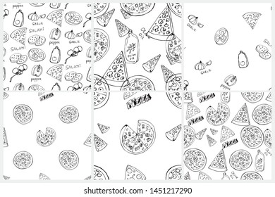 Seamless pattern set with hand drawn pizza slices. Vector black and white food background. Monochrome design for fabric, wallpapers, wrapping paper, cards and web. Doodle art. Sketch cooking