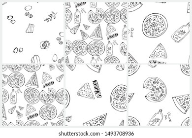Seamless pattern set with hand drawn pizza slices. Vector black and white food background. Monochrome design for fabric, wallpapers, wrapping paper, cards and web. Doodle art. Sketch cooking