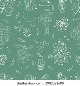 Seamless pattern with a set of hand drawn houseplants in pots. Big set cute of hand drawn house plants in pots including cactus, dracena, aloe and others, and garden tools. 
