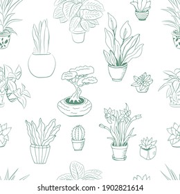 Seamless pattern with a set of hand drawn houseplants in pots. Big set cute of hand drawn house plants in pots including cactus, dracena, aloe and others, and garden tools. 